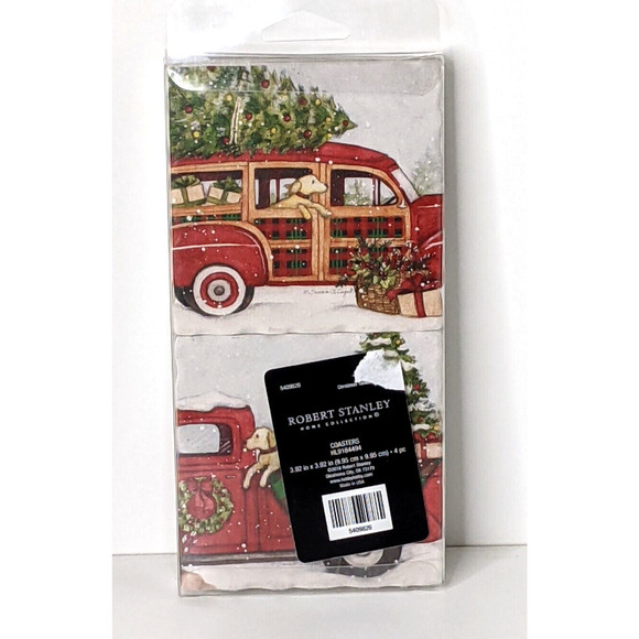 Drink Coasters Christmas Red Truck Labrador 4 Pack Ceramic Cork Backing NEW - Picture 2 of 3